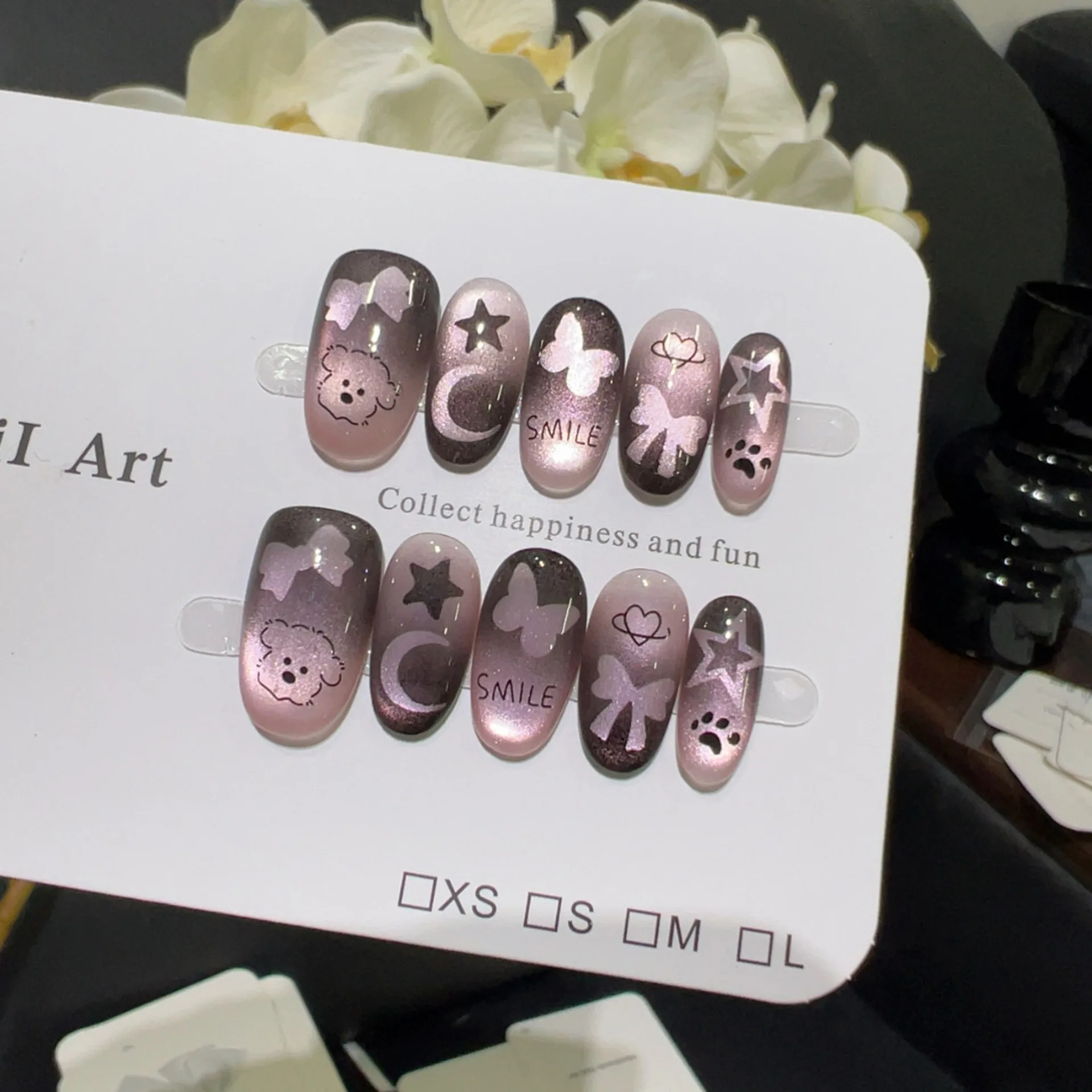 

10 шт. розово-фиолетовых градиентных накладных ногтей с милым дизайном в виде звезд и медведей, накладные ногти с эффектом кошачьего глаза, полное покрытие, для женщин