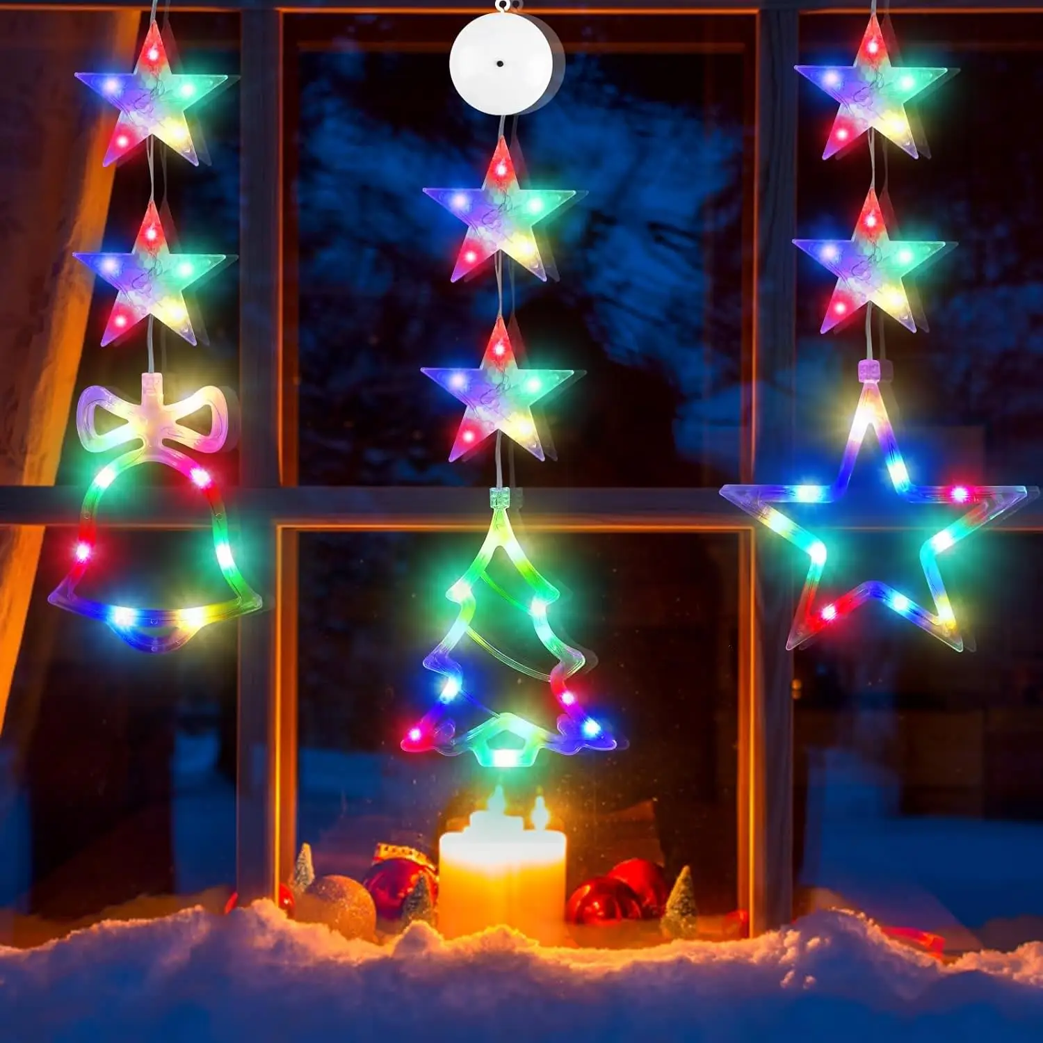 

3-Pack Battery-Powered Christmas Window Lights – Tree, Jingle Bell & Star Shapes with Multicolored LEDs