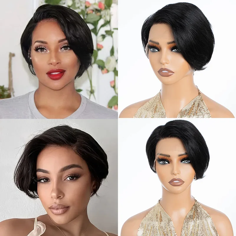 Wig Potongan Pixie Pendek Wanita Wig Rambut Manusia Renda Bagian T Sisi Dalam 13*1 Wig Depan Renda Transparan Lurus Frontal Renda