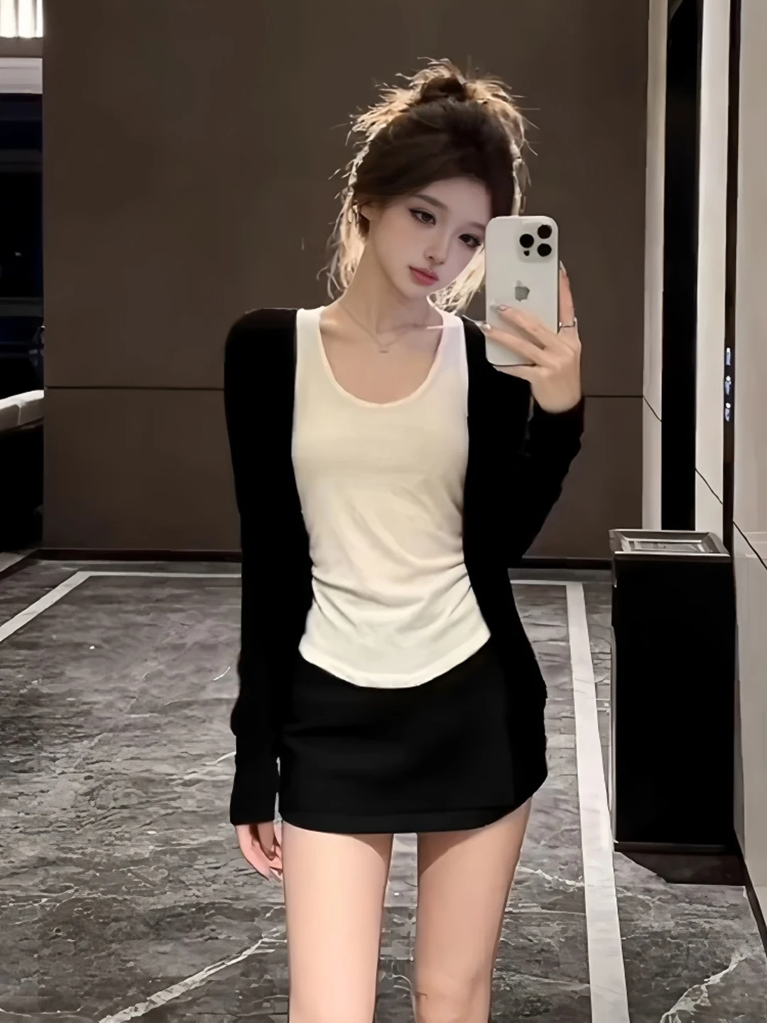 

Korean Style Simple Black Long Sleeve Open Cardigan High Waist Slimming Skirt Pants Three Piece Set Summer Slimming Small Siz...