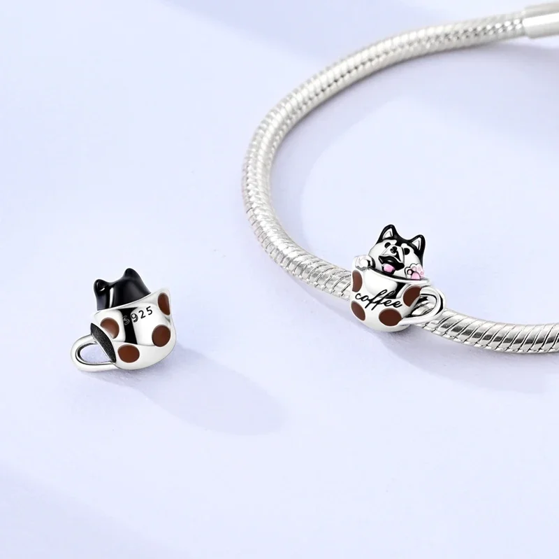925 Sterling Silver Spot Coffee Cup Charms Beads Fit Original Bracelets Bag Keychain Charms Beads Pendant Diy Women Jewelry Gift