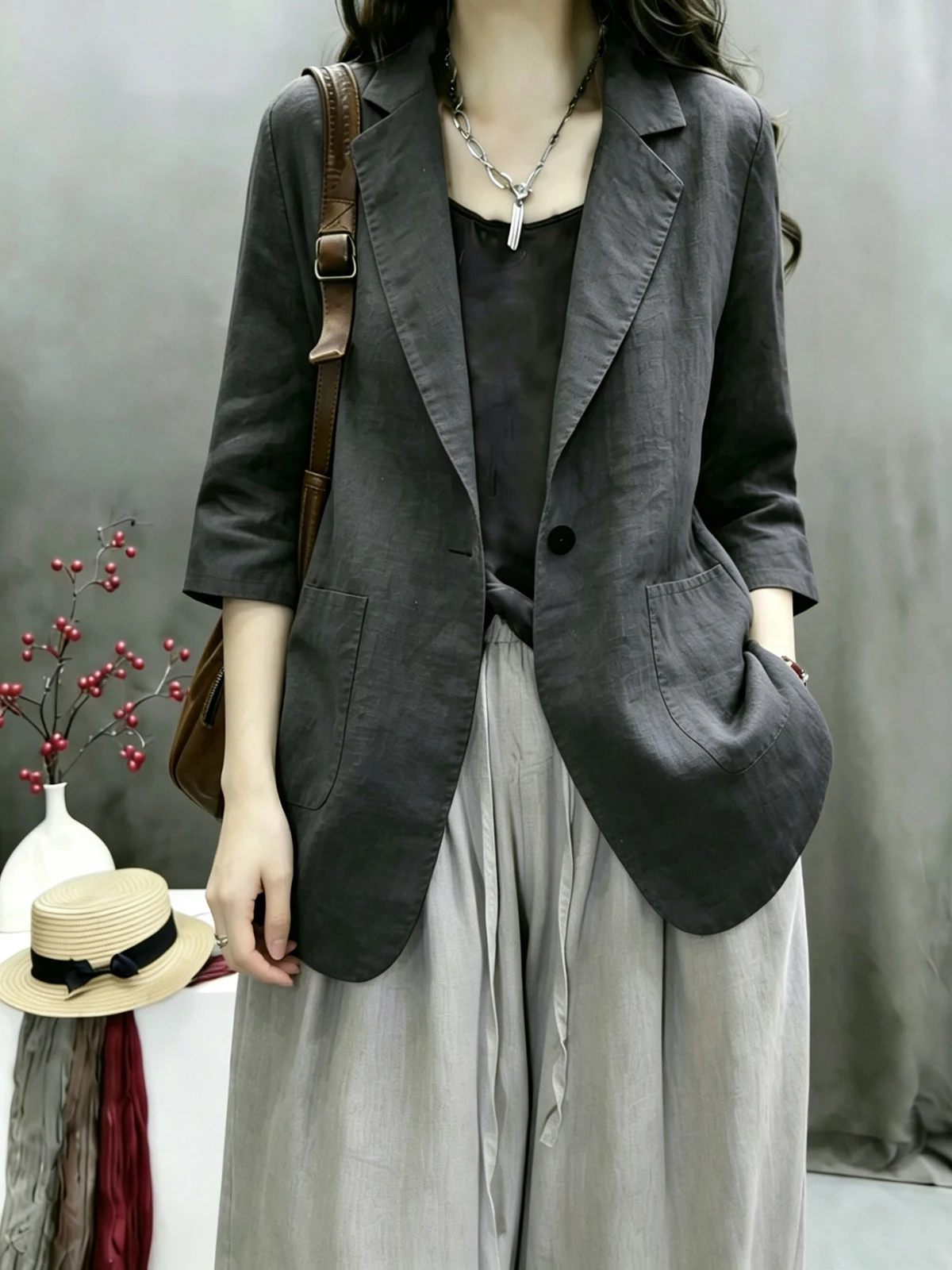 Retro Nostalgic Simple One-Button Cotton Linen Suit Jacket Women's Loose Casual Versatile Top Button up Breathable Straight Hem