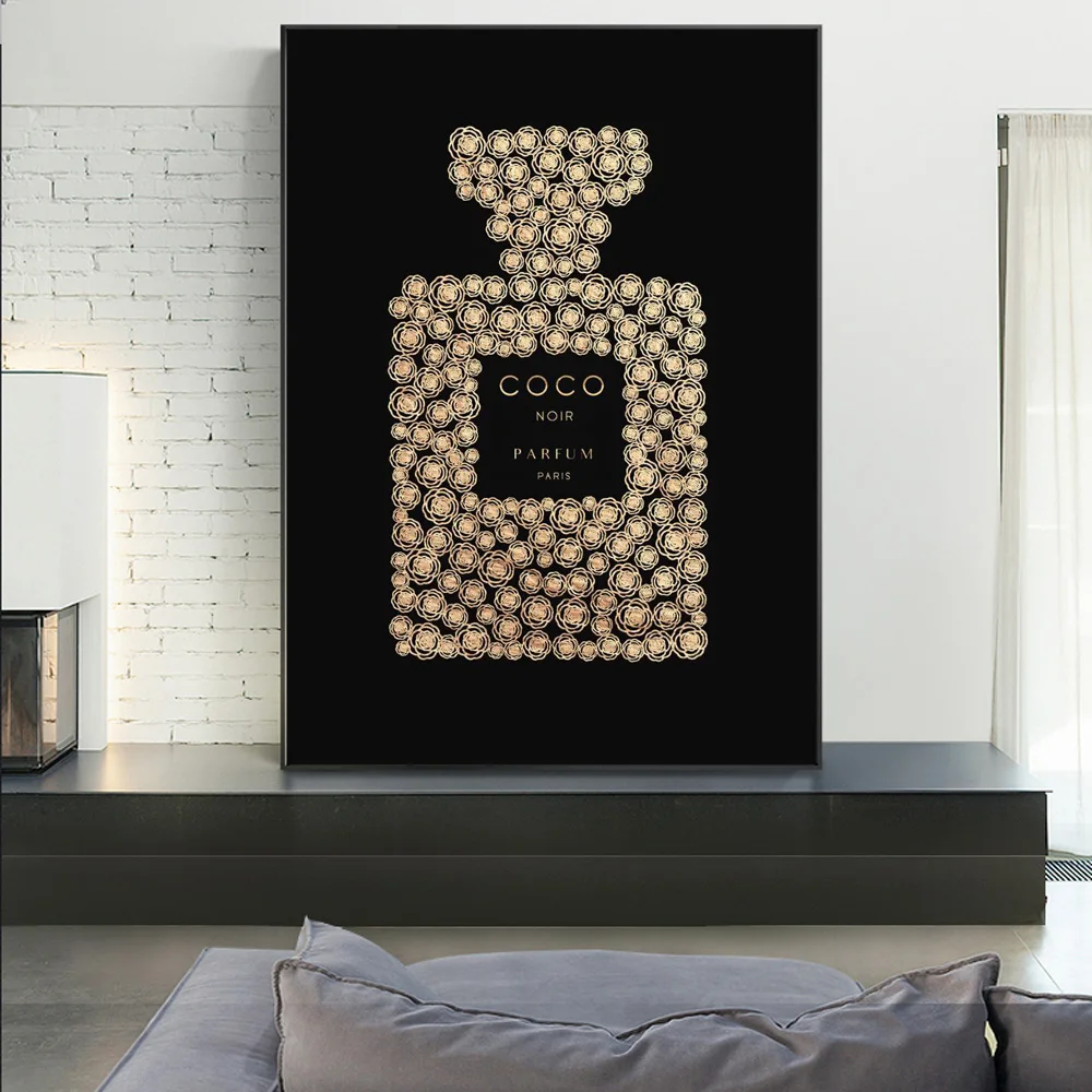 Fashion Parfum Golden Luxury Art Canvas Painting Modern Perfume Abstract Wall Posters and Prints Living Room Home Pictures Decor