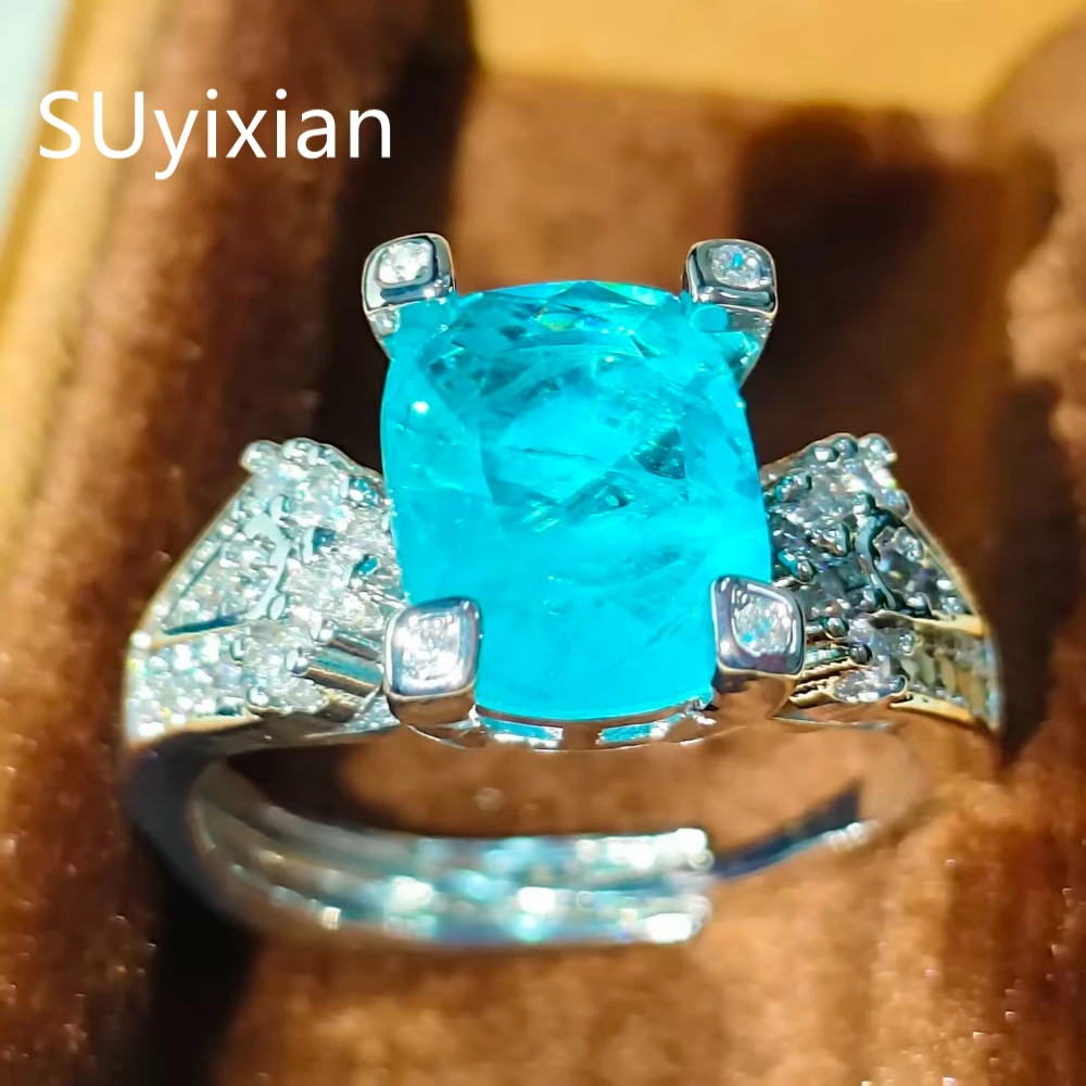 925 Sterling Silver Fashion Light Luxury Paraiba Blue Crystal Zircon Ring Ladies Jewelry Birthday Party Anniversary Gift