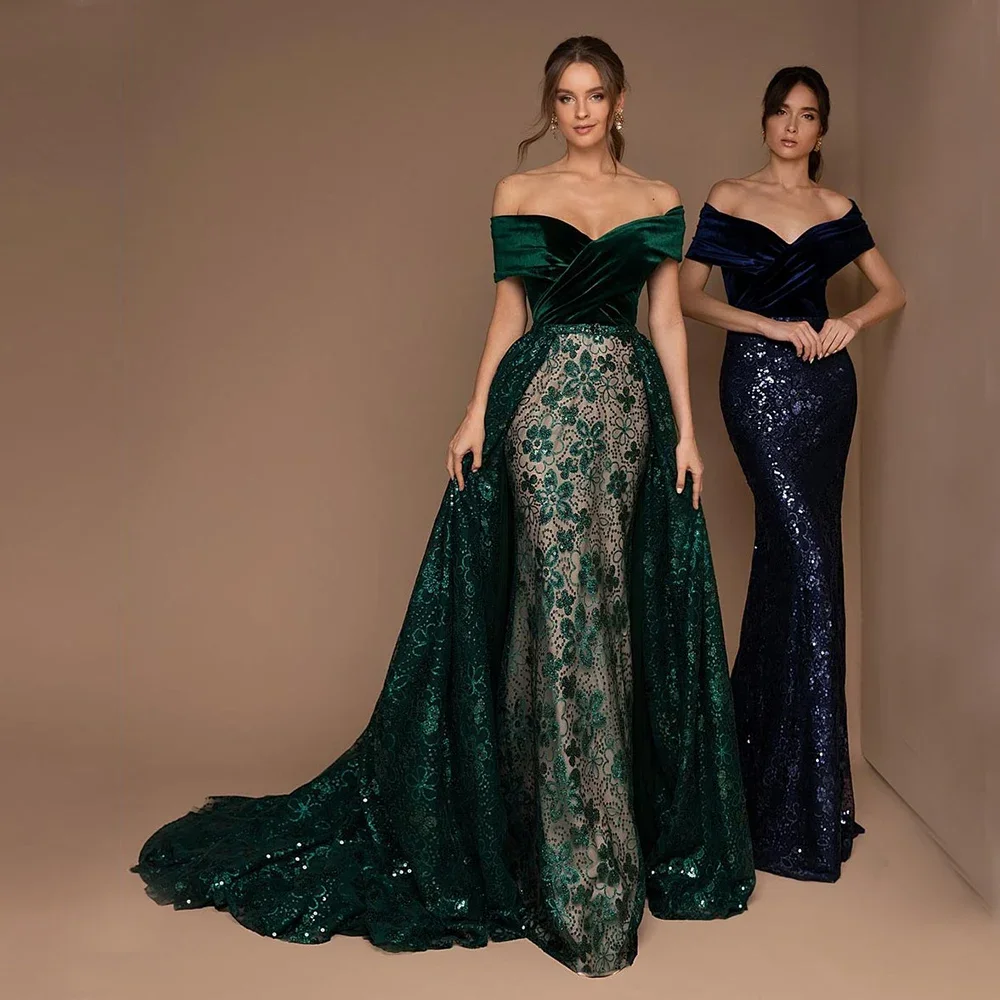 Customized Green Long Elegant Dresses for Women Off The Shoulder Detachable Night  Applique Lace Mermaid Prom Gown Sequined Plea