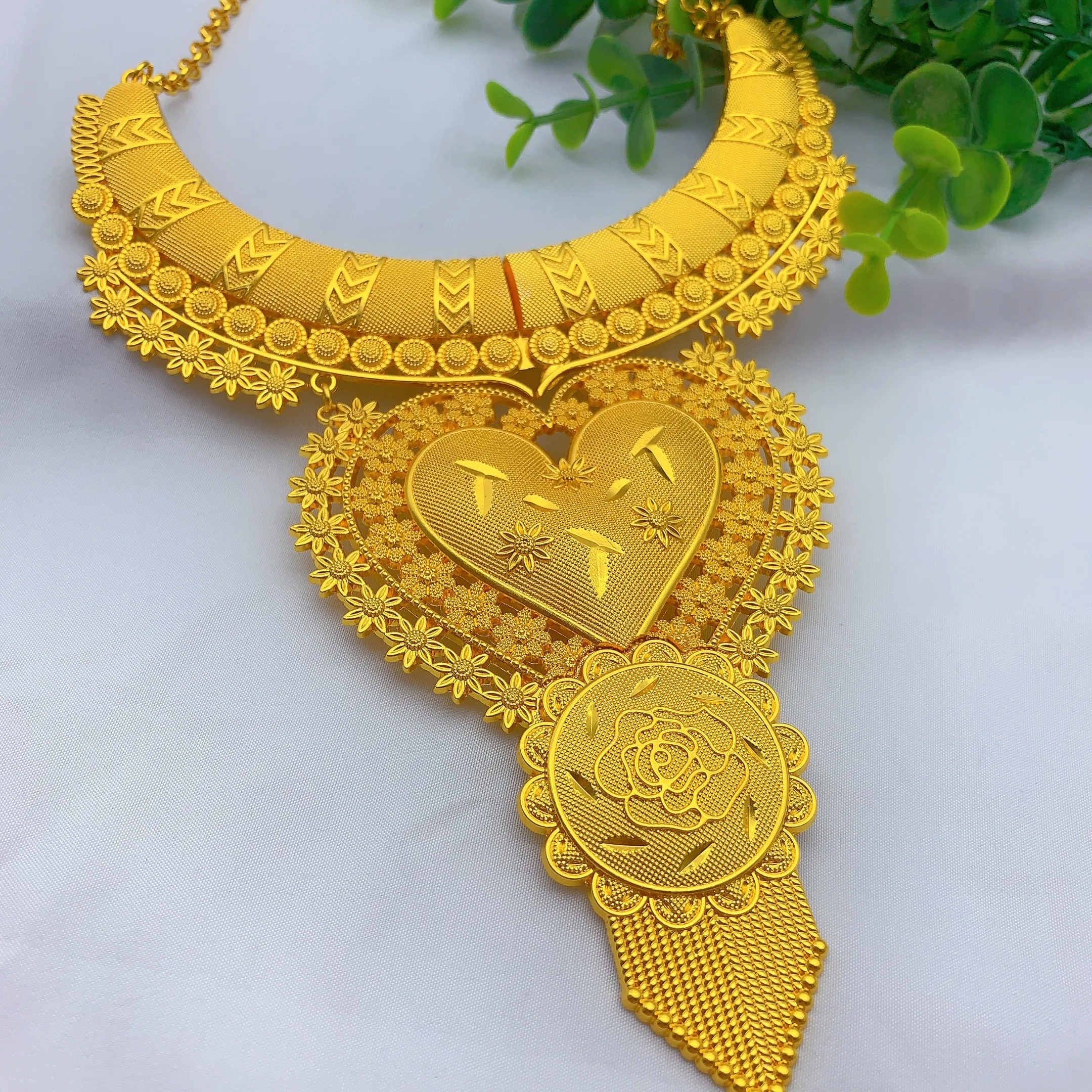 Nigeria 24k Gold Color Necklace Earrings Set For Lady Africa Big Pendant Choker Jewelry Wedding Party Accessories