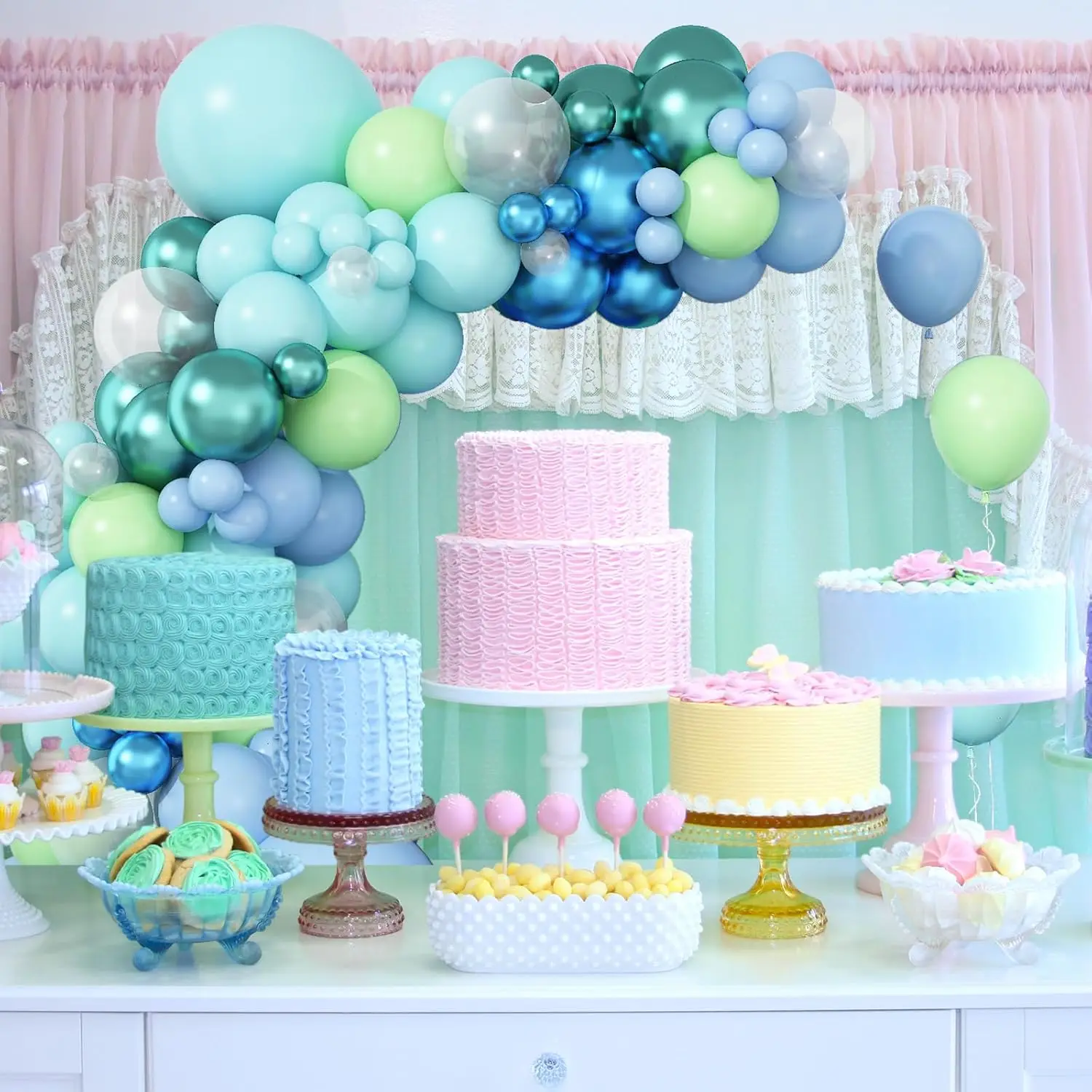 122-Piece Ocean-Themed Party Balloon Arch Kit, Light Blue, Teal, Lime Green Balloon Garland with Metallic Latex Balloons, Blue and Green Balloon