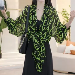 Fashion Women's Square Neck Summer New Loose Long sleeve Letter Striped Button Cardigan Bandage Korean Sun Protection Shirt Tops