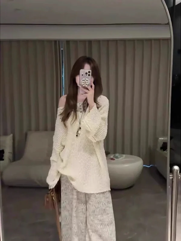 

Женский свитер больших размеров с открытыми плечами, новинка ранней осени 2026, свободный крой, стройнящий, универсальный, для повседневной носки, с длинными рукавами, вязаный.