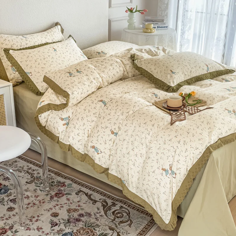 

New pure cotton four piece set, retro lace bedding, all cotton dormitory three piece set, bed sheets, duvet covers, gifts