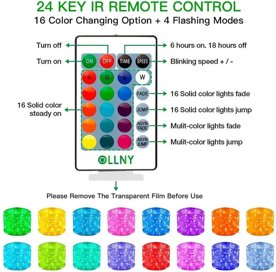 Lampu tali LED RGB 16 warna, lampu tali luar ruangan, lampu tali peri tabung Natal, lampu karangan bunga untuk dekorasi taman pesta pernikahan