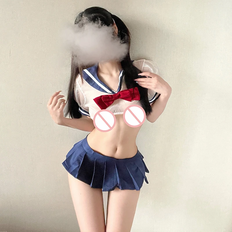 Women Sexy Lingerie Anime Cosplay School Girl Wear Student Suit Girls JK Uniform Transparent Shirt with Pleated Skirt Night Club