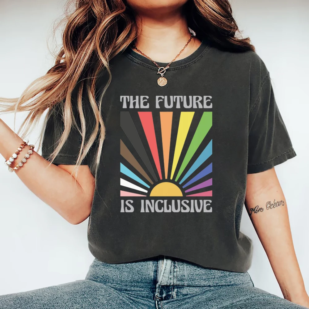 The Future Is Inclusive T-shirt Rainbow Pride Tee Trans Rights Top Women Graphic T Shirts Short Sleeve Round Neck LGBTQ Gifts