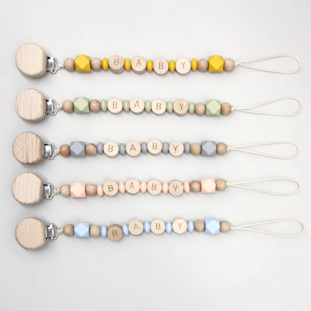 아기 수제 DIY 맞춤형 이름 체인 고리 평평한 나무 구슬 젖꼭지 클립 유아용 장난감