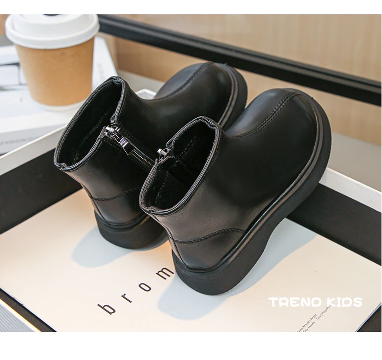 Children Fashion Boots Simple Girls Ankle Boot Black Kids Short Leather Boots Side Zipper Thick Bottom Autumn Winter 2024 New