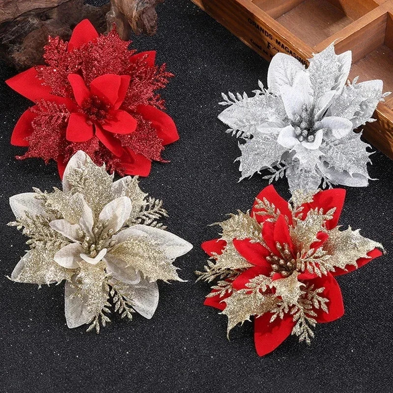 10/5 pz 15 cm Glitter Fiori Di Natale Artificiale Poinsettia Testa di Fiore Albero di Natale Ornamento Decorazione Della Casa Navidad capodanno