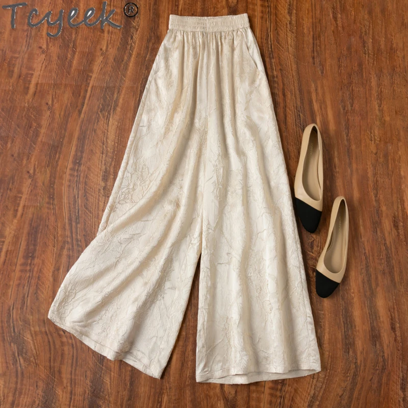 

Tcyeek 30MM Real Silk Pants for WomenSummer Clothes Casual Trousers 42% Mulberry Silk Wide Leg Pants Womans Clothing Pantalon