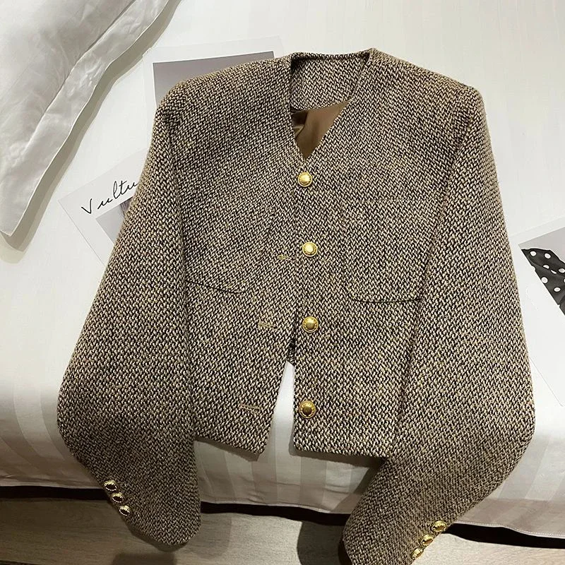 

Женский винтажный укороченный твидовый пиджак, элегантный короткий Блейзер в Корейском стиле, однобортный, универсальный, Повседневный, шикарный, верхняя одежда на осень, C107