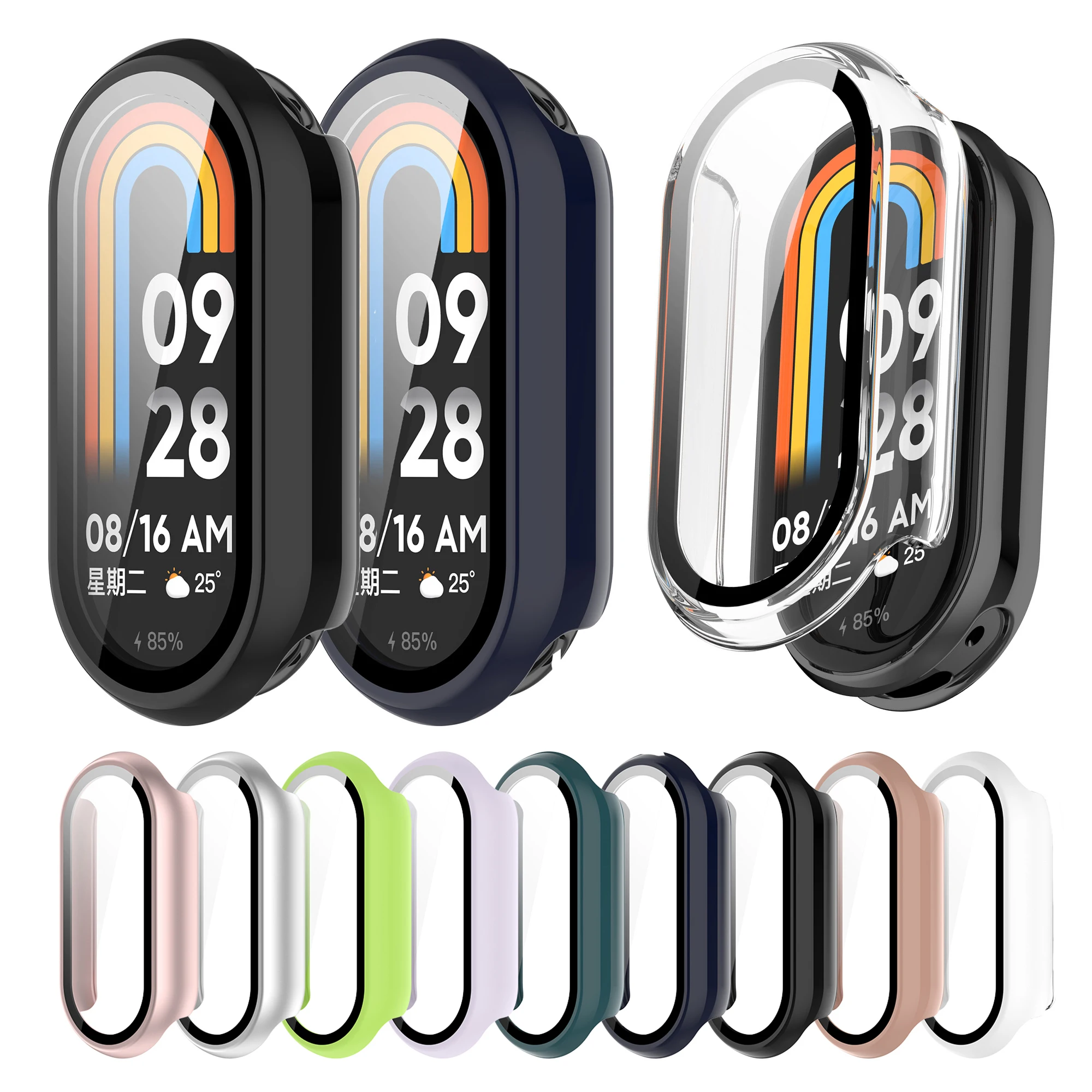 حافظة حماية زجاجية من البولي كربونات + لهاتف Xiaomi Mi Band 10 9 8 NFC غطاء حماية كامل للشاشة