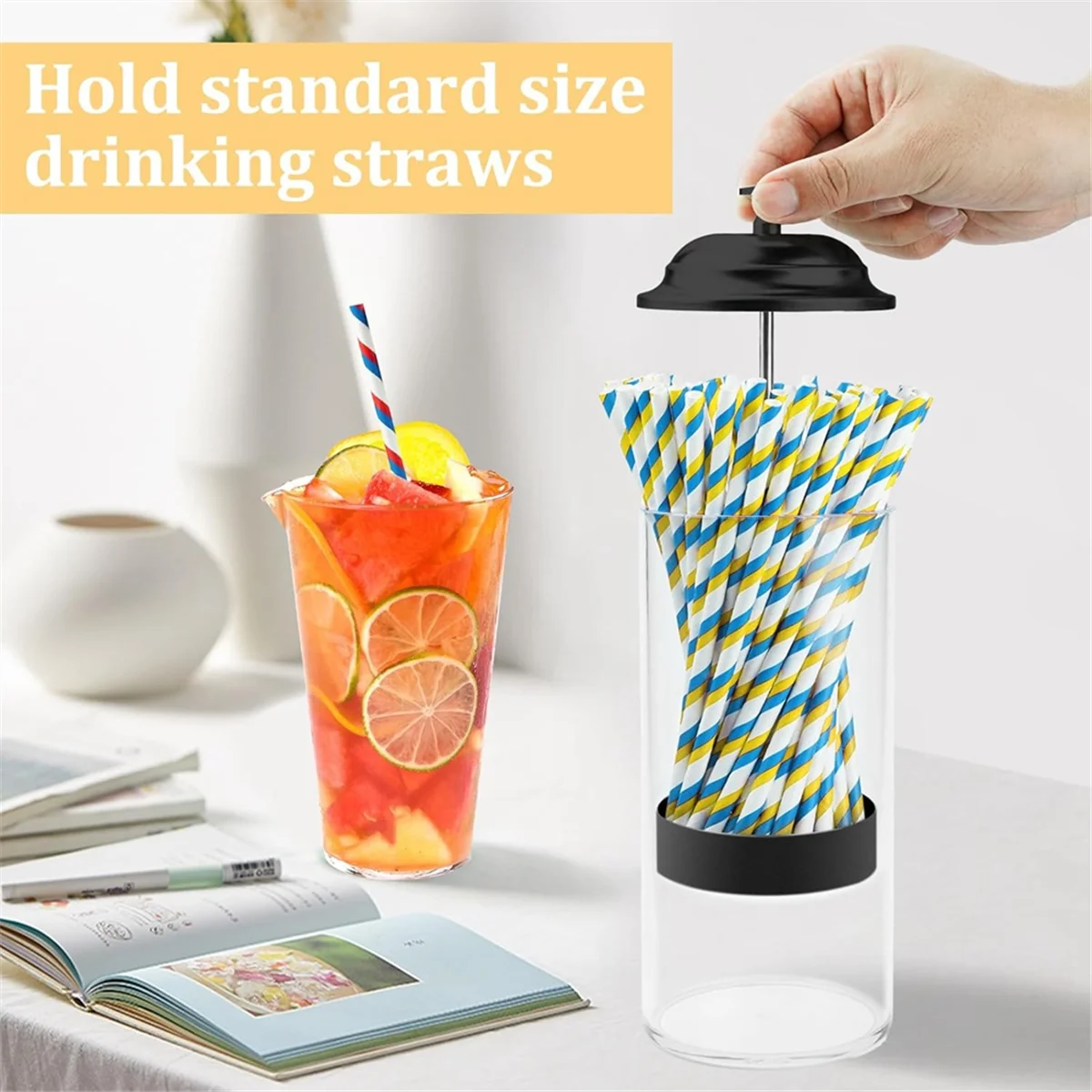 Straw Holder for Standard Size Drinking Straws, Plastic Straw Dispenser for Counter with Lid TQ