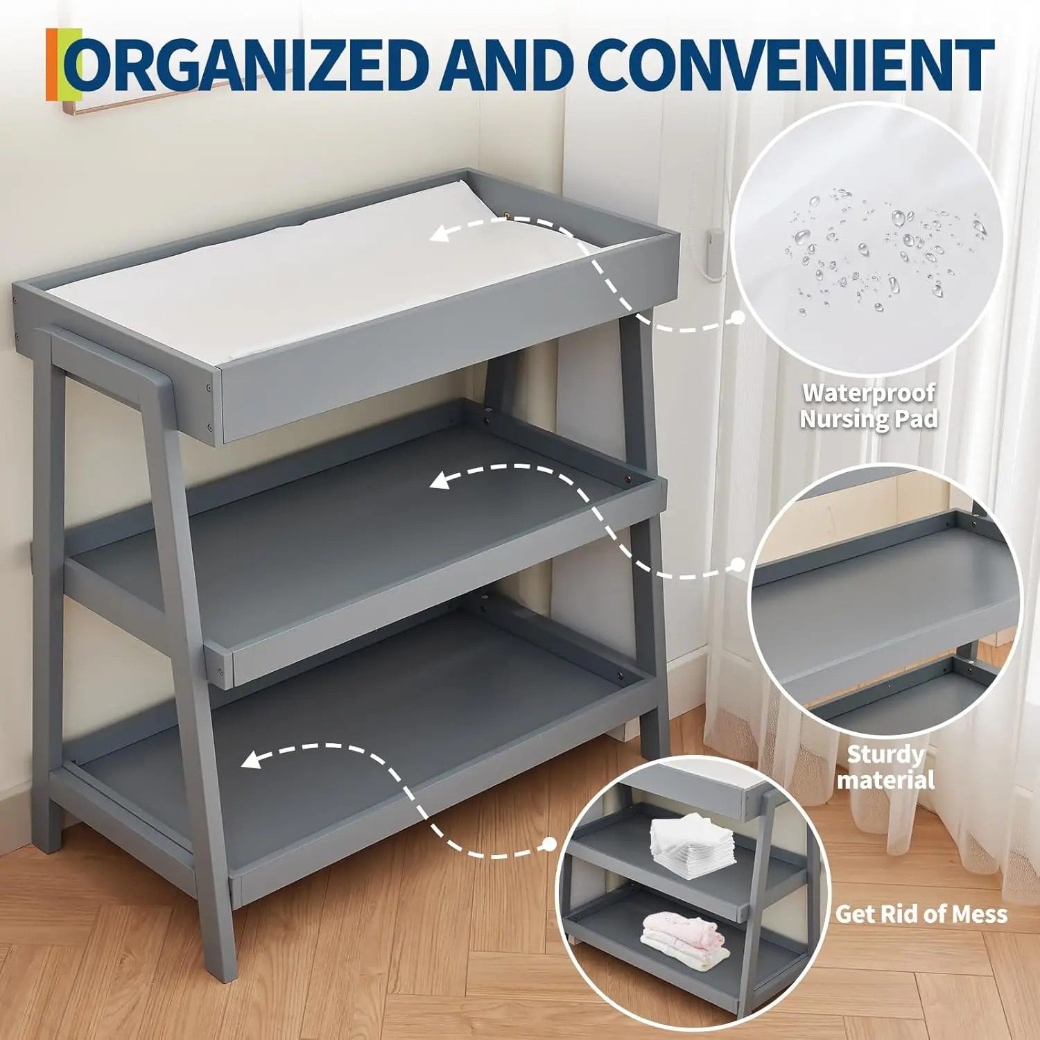 Baby Changing Table Portable Infant Diaper Changing Table with Waterproof Pad Wood Diaper Station with 2 Storage Shelves