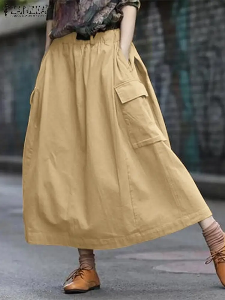 ZANZEA Oversized Elastic High Waist Midi Skirts 2024 Women Casual Loose Long Skirt With Pockets Solid Color Fashion Cargo Skirts