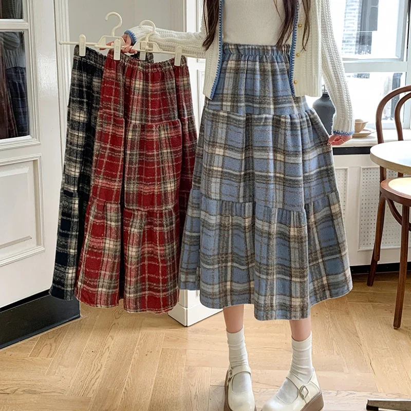 Woolen Plaid Draped Skirts for Women Harajuku Elastic High Waist A-line Skirt British Style Autumn Winter Loose Mid-length Skirt