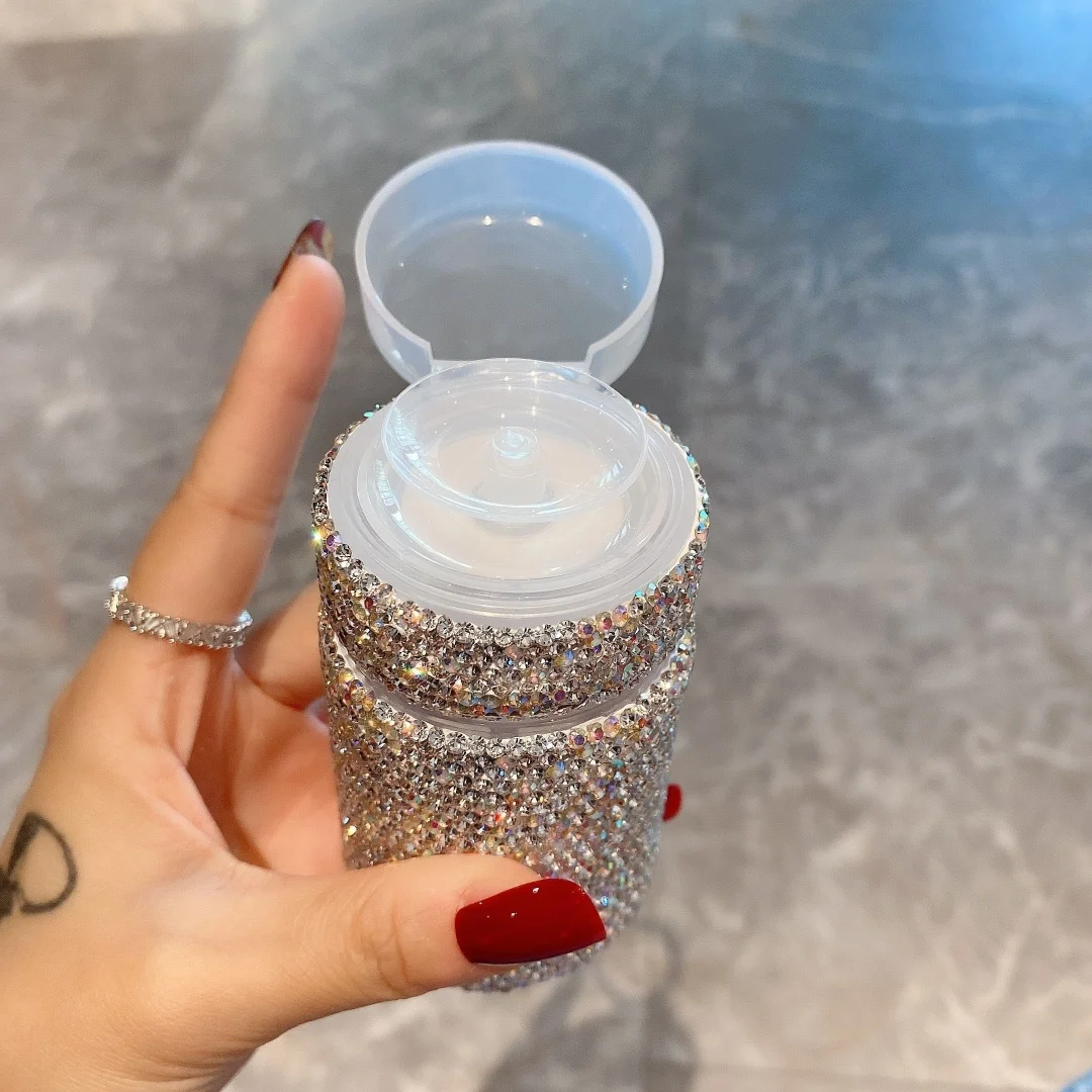 High-Looking Push-Type Dispensing Bottle, Artificial Diamond-Encrusted Accessible Luxury Portable Makeup Remover, Nail Polish Remover, Toner