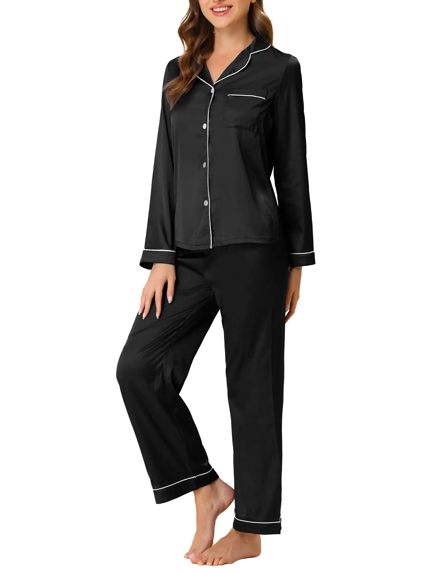 Pechinchas exclusivas Pijama feminino Loungewear Mangas compridas Tops e calças Conjuntos de pijamas de cetim