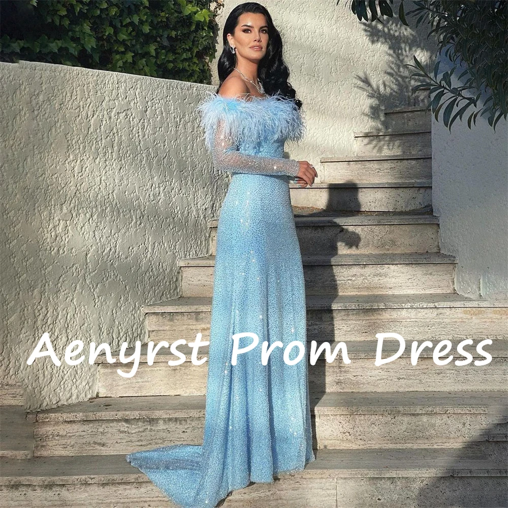 Aenyrst-vestidos de noite com lantejoulas fora do ombro, vestido de baile Bodycon, comprimento do chão, penas de sereia, saudita, vestidos de jantar, brilhante