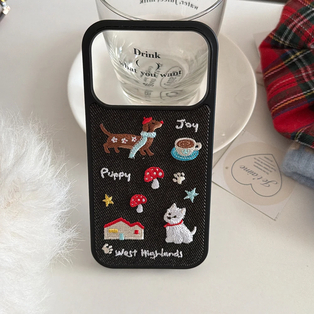 Herbst-Winter Niedlicher Welpe Warmer Stoff Retro Denim Stickerei Handyhülle für iPhone 17promax 16 15 14 Pro Max Stoßfeste Abdeckung – Detail 11