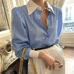 REALEFT Spring Summer Elegant Striped Women's Blouse One Pocket Turn-down Collar Single Breated Korean Shirts Female 2024 New