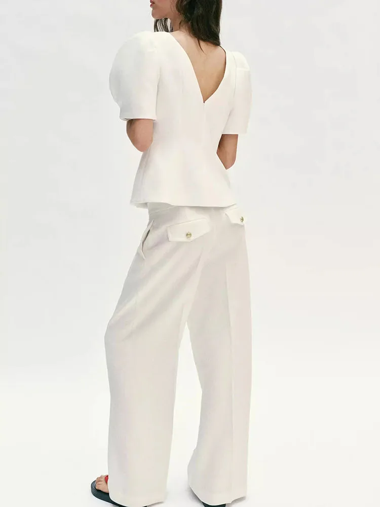 

New Summer Women's round Neck Bubble Short Sleeve Top Front Hem Split Fashionable Casual Wear for Young Women 18-25 Years Old