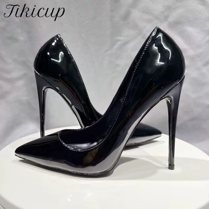 

Tikicup All BLack Patent Women Pointy Toe High Heels Slip On Stilettos OL Formal Dress Shoes Customize Pumps 12/10/8cm