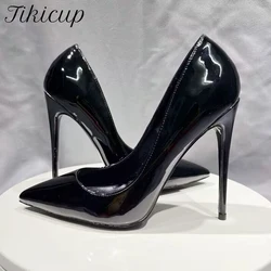 Tikicup All BLack Patent Women punta a punta tacchi alti Slip On tacchi a spillo OL scarpe eleganti formali personalizza pompe 12/10/8cm