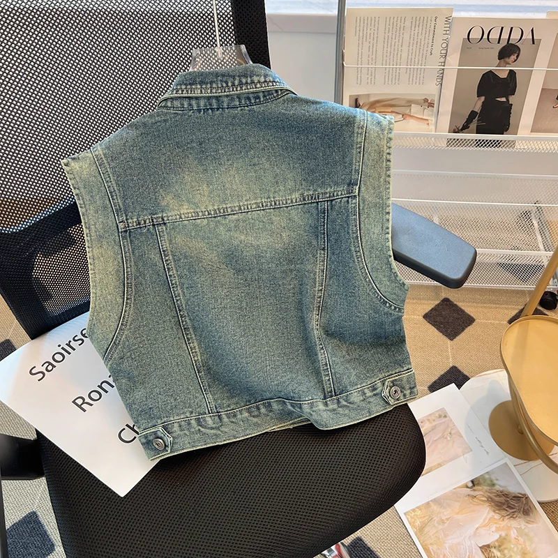 Vintage Hot Rhinestone Denim Vest Coat Women\'s Spring Autumn New Washed Dressed Short Sleeveless Spice Girl Street Top
