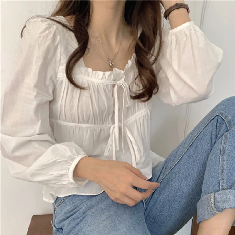 Fashoin New Vintage Loose White Blouse Women Casual Long Sleeve Ruffled Shirt Tops Fashion Square Collar Solid Lady Shirts 11700