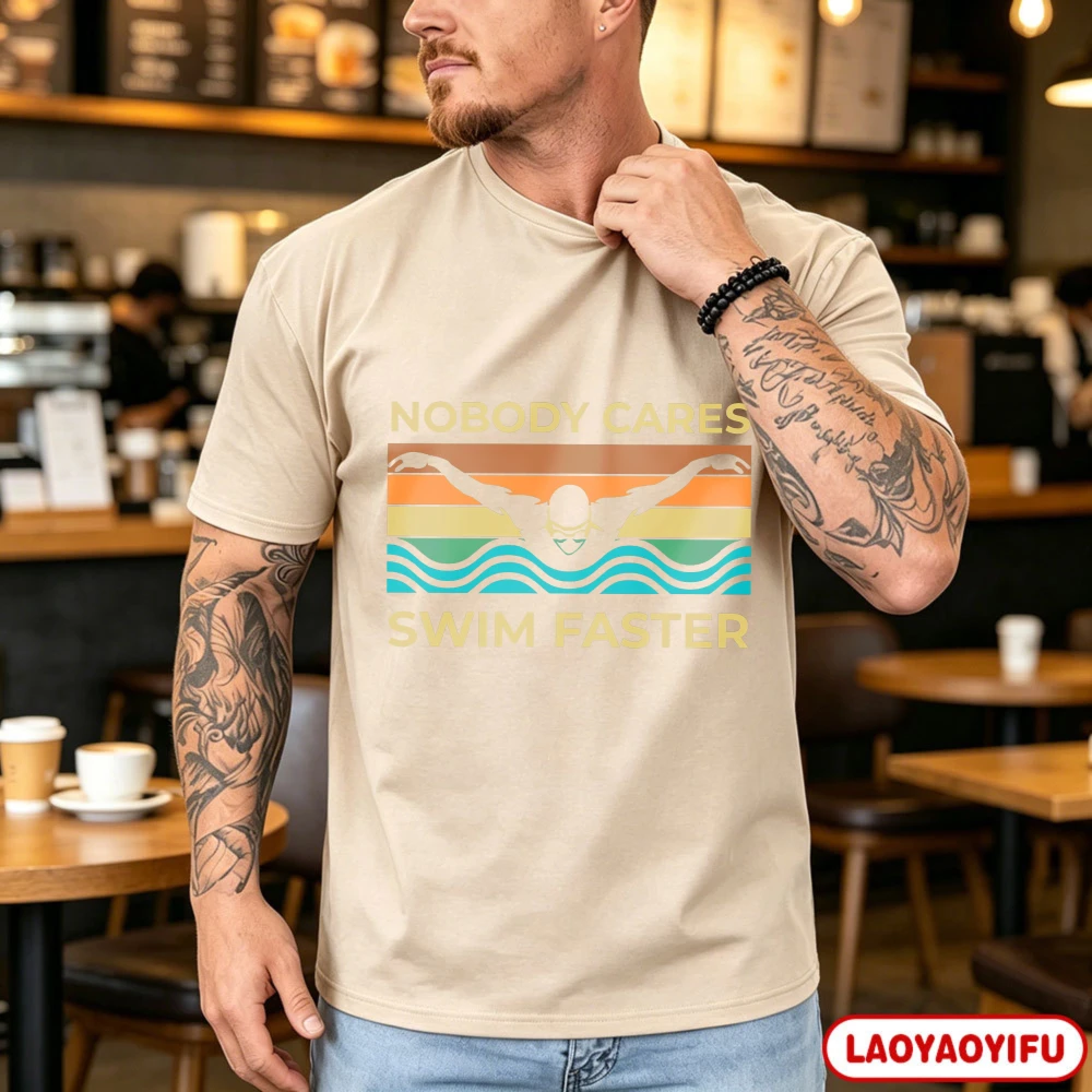 Nobody Cares Swim Faster Retro Stripe Wave Swimmer Print Tshirt Unisex Cotton Tee Competitive Swimmer Athlete Casual Sport Gift