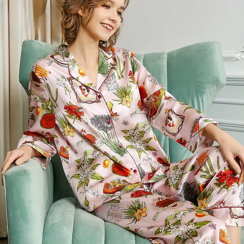 Printed Women's Silk Pajamas Spring 100% Mulberry Silk Long Sleeve Pants Two Piece Sleepwear Set Button Down Lapel Pijama Suit