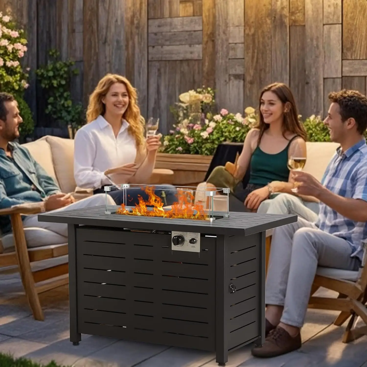 Outdoor Sectional Sofa Set with Firepit Table, Wicker Rattan Patio Furniture with Coffee Table & Cushions, Customized
