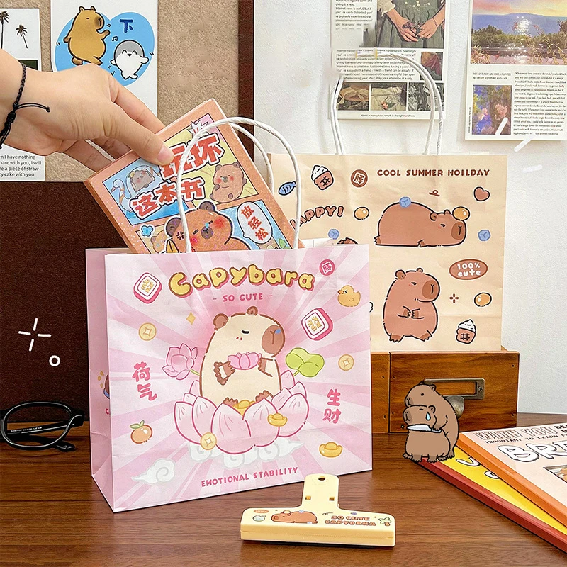 10 Uds. Bolsas de regalo de dibujos animados de capibara, bolsas de papel de mano, bolsas de embalaje rectangulares para regalo de dulces y aperitivos, suministros para fiestas de cumpleaños