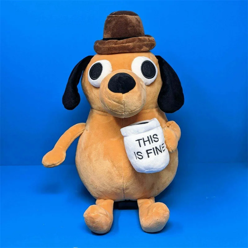 This Is Fine Dog Plush Toy Meme Coffee Cup Puppy Plushie Figure Stuffed Animal Soft Doll Gift for Kids Children Birthday Fans