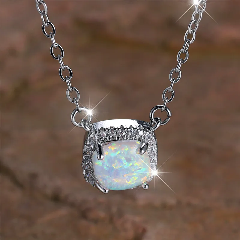 Charm Female White Opal Stone Pendant Necklace Vintage Silver Color Wedding Jewelry Gift For Women