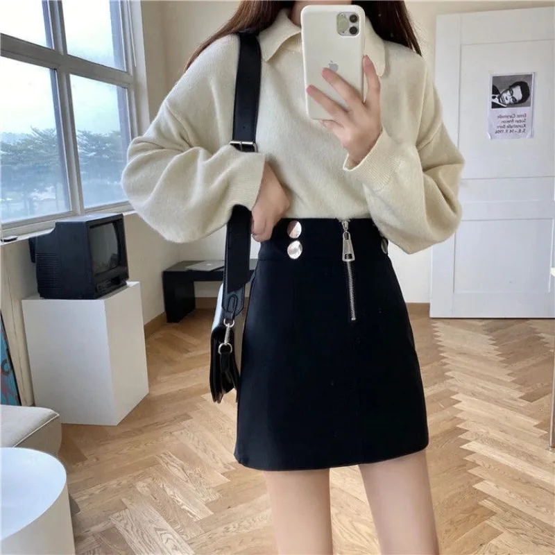 Frauen Kleidung Frühling Herbst Mode Koreanische Zipper Solide Farbe Hohe Taille A-linie Rock Weibliche Modische Erscheinen Dünne Dünne Rock