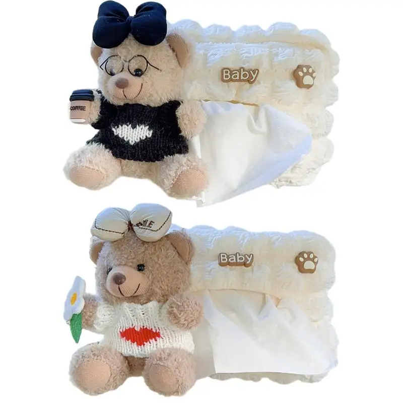 Car Bear Plush Tissue Box Stuffed Bear Hunging Napkin Storage Bag Car Animals Bear Facial Tissue Container For Car Home Rvs