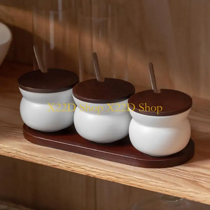 X22D 3 Pack Ceramic Condiment Storage Jars With Wooden Lid And Tray Spoon Salt Pot Seasoning Container Set For Pantries