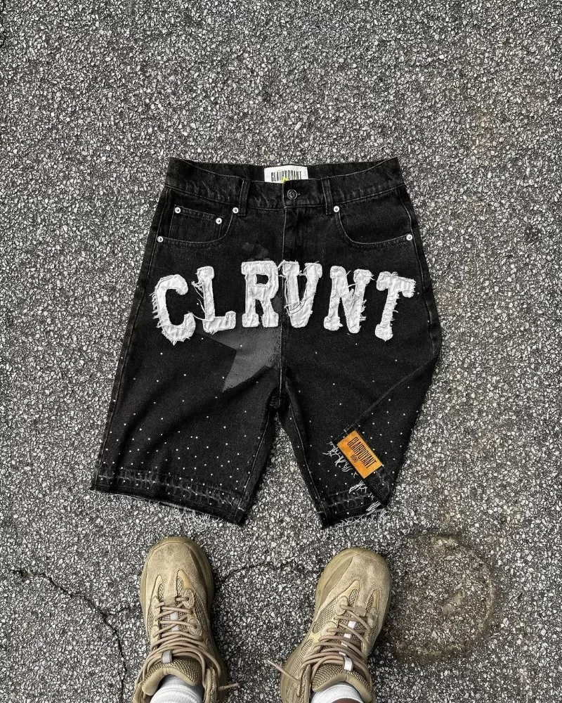 2024 American New Trend Hip-Hop Retro Letter Patch Baggy Denim Shorts Men Y2K Harajuku Gothic Black Casual Street Sports Shorts