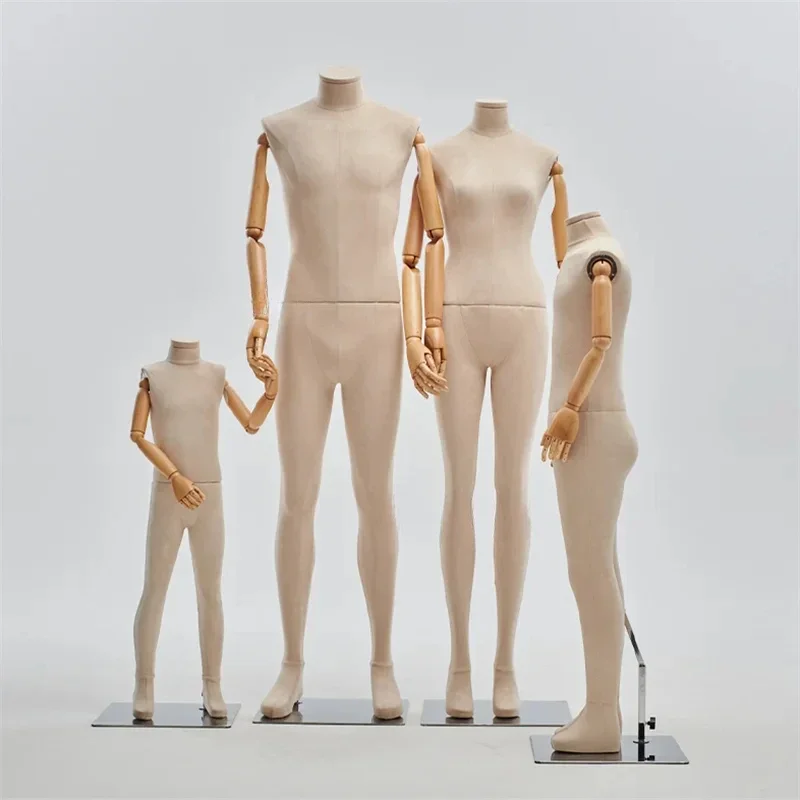 Parent-child Clothing Store Mannequins Window Display Stand  Full Body Male and Female Model Dummy Props with Solid Wood Hands