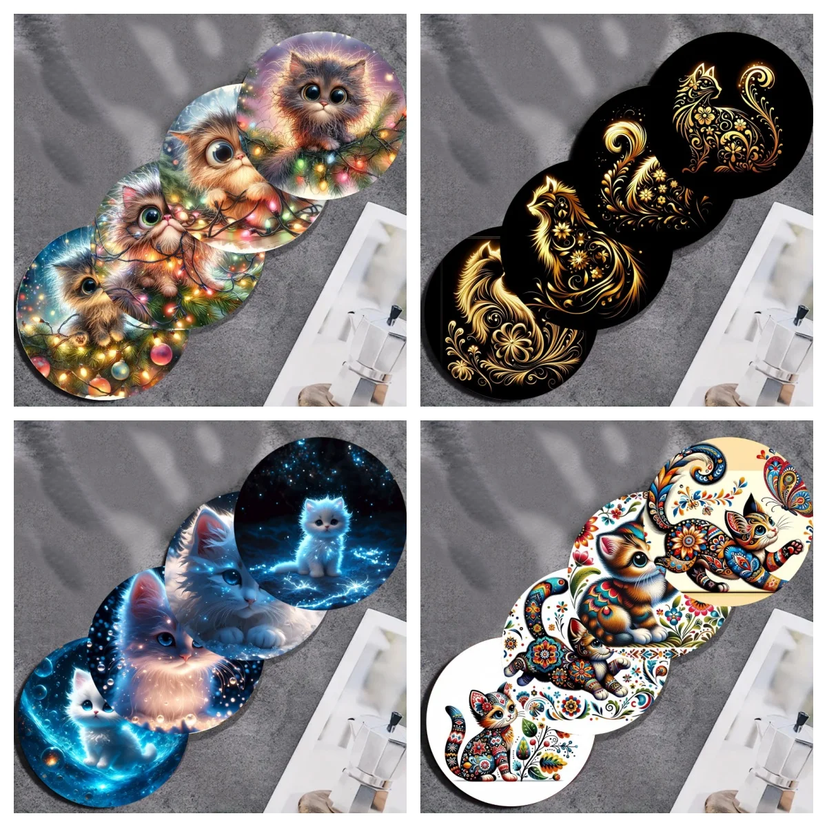 4-Piece Set of Colorful Kitten Art Coasters, Anti-Slip Wood Coasters, Suitable for Living Rooms, Offices, Bars, and Restaurants