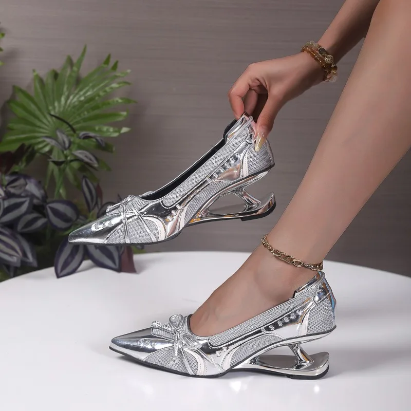 Pointed Toe Shallow Mouth Single Shoes Women Spring New Colorblock Butterfly Knot Slip Non-Slip Shaped Heels